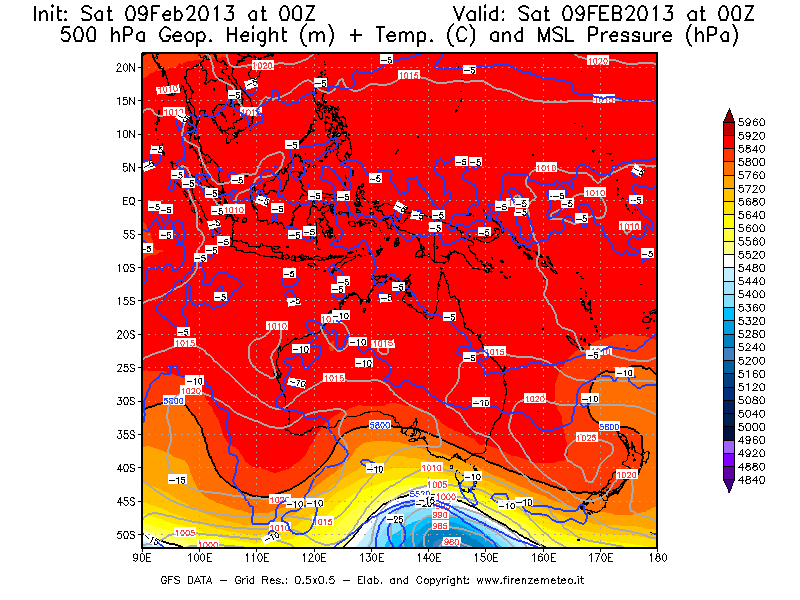 Mappa di analisi GFS - Geopotenziale [m] + Temp. [°C] a 500 hPa + Press. a livello del mare [hPa] in Oceania
									del 09/02/2013 00 <!--googleoff: index-->UTC<!--googleon: index-->