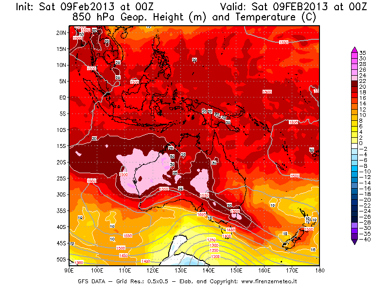 Mappa di analisi GFS - Geopotenziale [m] e Temperatura [°C] a 850 hPa in Oceania
							del 09/02/2013 00 <!--googleoff: index-->UTC<!--googleon: index-->