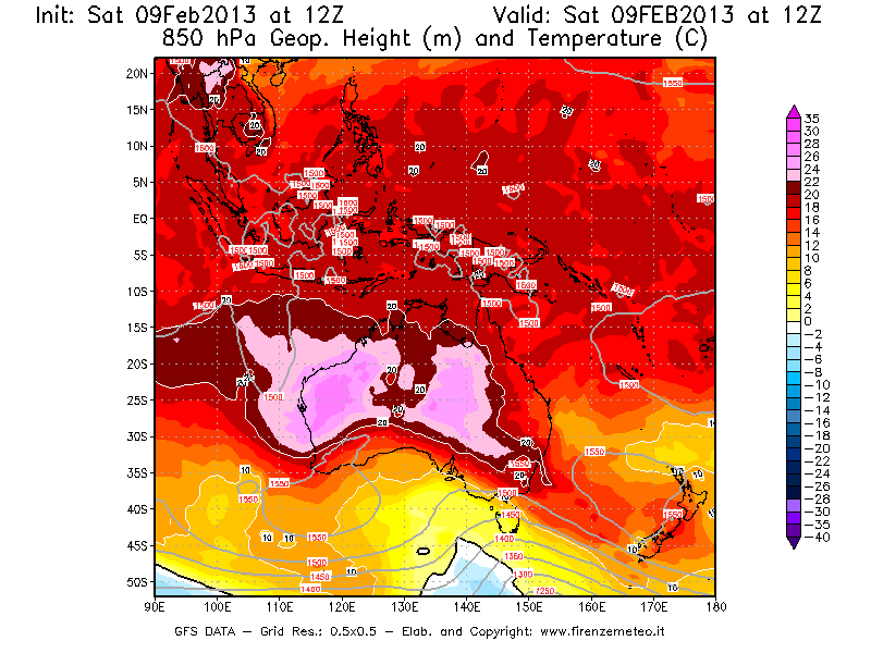 Mappa di analisi GFS - Geopotenziale [m] e Temperatura [°C] a 850 hPa in Oceania
									del 09/02/2013 12 <!--googleoff: index-->UTC<!--googleon: index-->