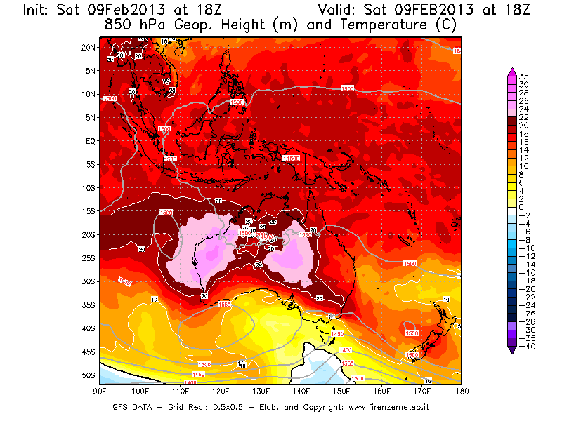 Mappa di analisi GFS - Geopotenziale [m] e Temperatura [°C] a 850 hPa in Oceania
							del 09/02/2013 18 <!--googleoff: index-->UTC<!--googleon: index-->