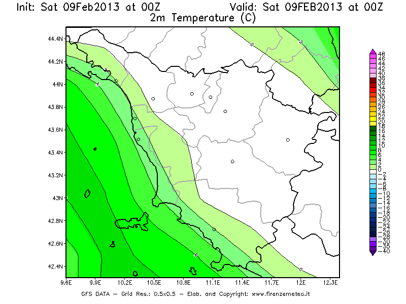 Mappa di analisi GFS - Temperatura a 2 metri dal suolo [°C] in Toscana
									del 09/02/2013 00 <!--googleoff: index-->UTC<!--googleon: index-->