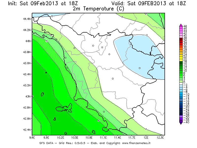 Mappa di analisi GFS - Temperatura a 2 metri dal suolo [°C] in Toscana
									del 09/02/2013 18 <!--googleoff: index-->UTC<!--googleon: index-->