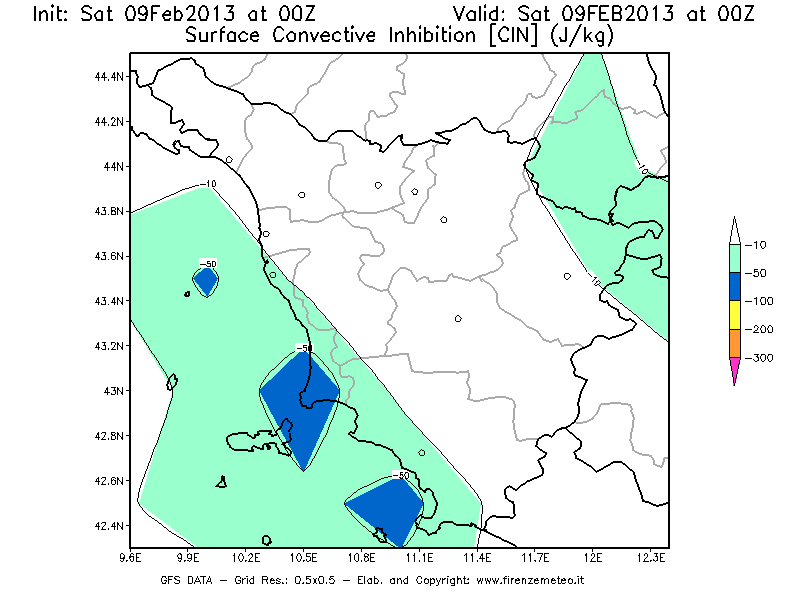 Mappa di analisi GFS - CIN [J/kg] in Toscana
									del 09/02/2013 00 <!--googleoff: index-->UTC<!--googleon: index-->