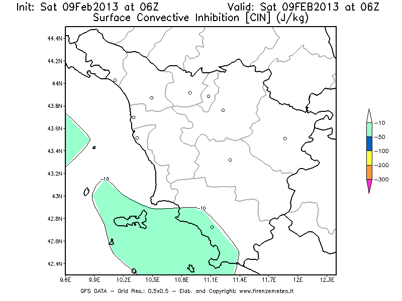 Mappa di analisi GFS - CIN [J/kg] in Toscana
							del 09/02/2013 06 <!--googleoff: index-->UTC<!--googleon: index-->