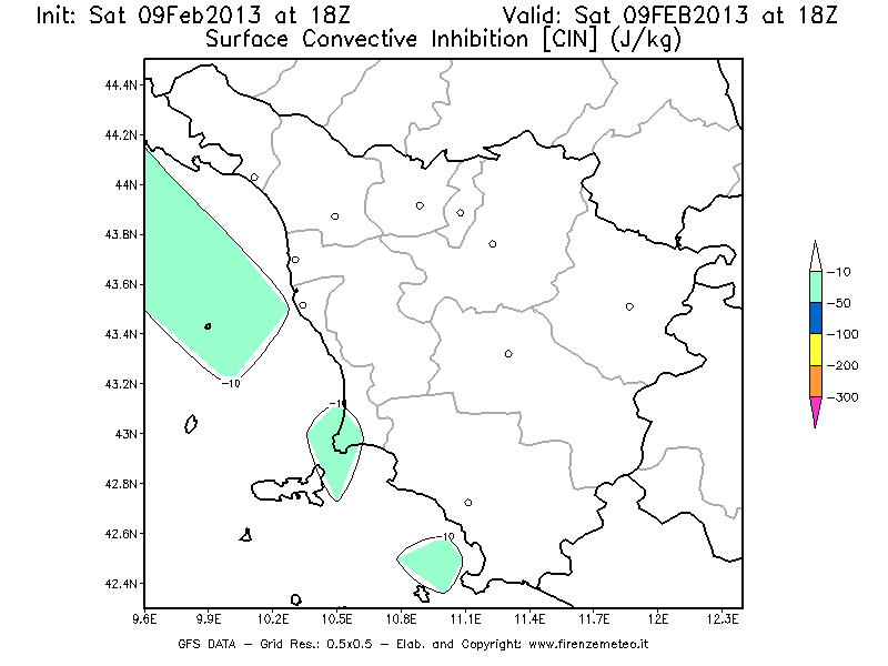 Mappa di analisi GFS - CIN [J/kg] in Toscana
							del 09/02/2013 18 <!--googleoff: index-->UTC<!--googleon: index-->