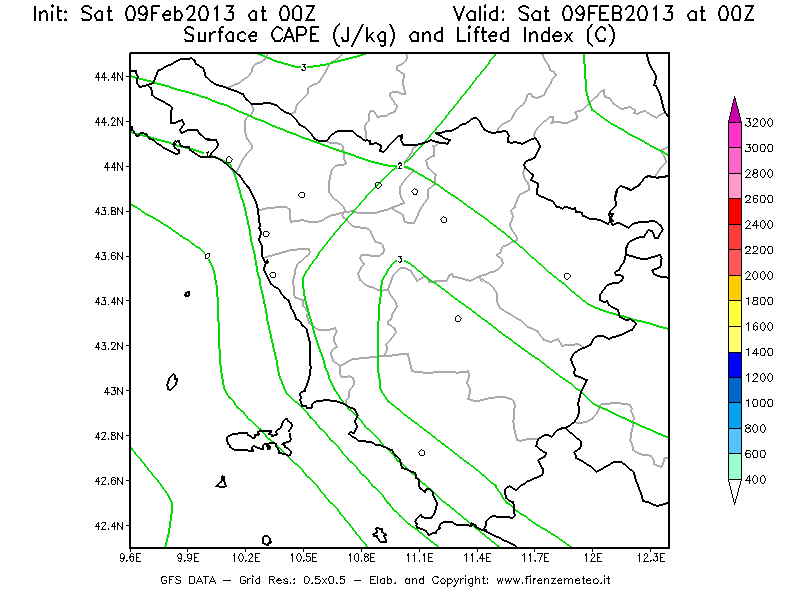 Mappa di analisi GFS - CAPE [J/kg] e Lifted Index [°C] in Toscana
							del 09/02/2013 00 <!--googleoff: index-->UTC<!--googleon: index-->