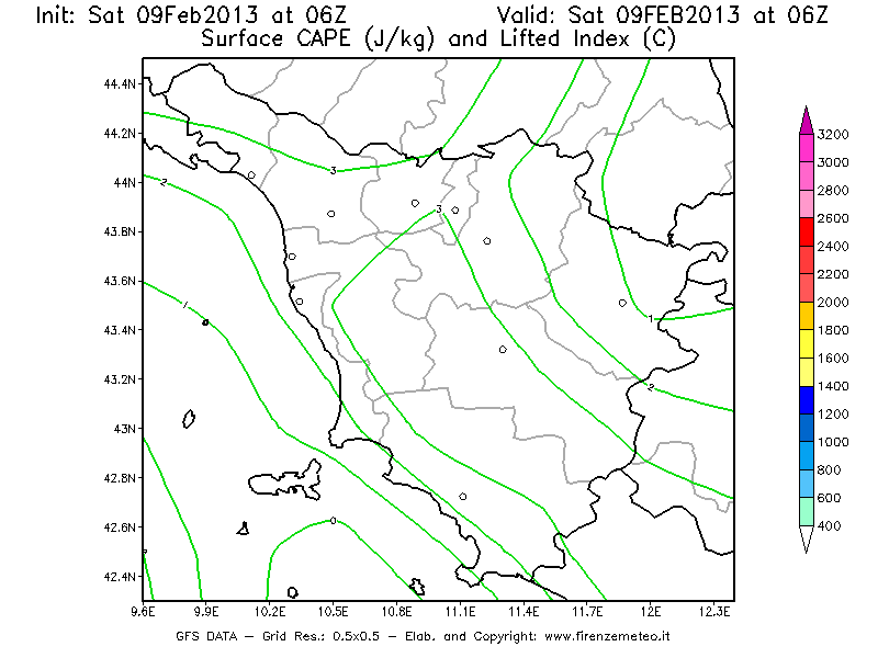 Mappa di analisi GFS - CAPE [J/kg] e Lifted Index [°C] in Toscana
							del 09/02/2013 06 <!--googleoff: index-->UTC<!--googleon: index-->