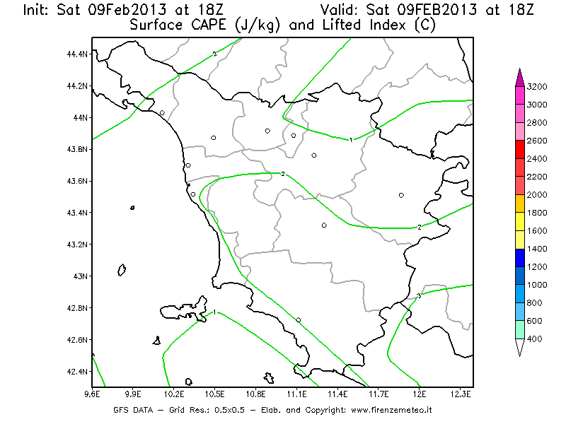 Mappa di analisi GFS - CAPE [J/kg] e Lifted Index [°C] in Toscana
							del 09/02/2013 18 <!--googleoff: index-->UTC<!--googleon: index-->