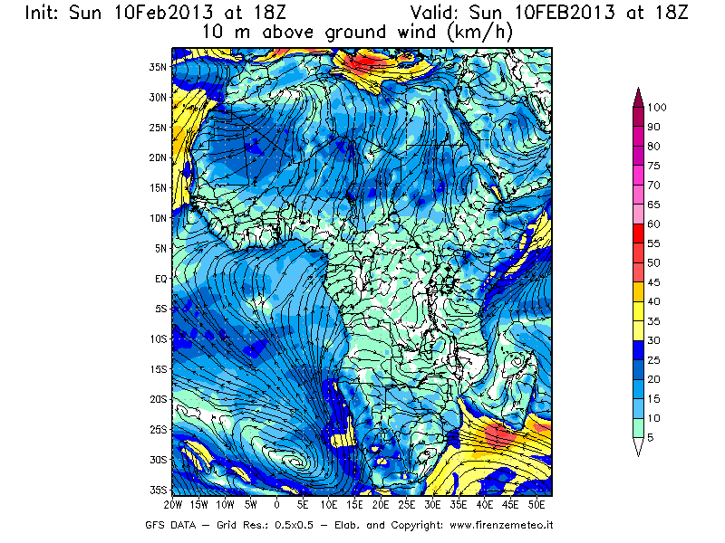 Mappa di analisi GFS - Velocità del vento a 10 metri dal suolo [km/h] in Africa
							del 10/02/2013 18 <!--googleoff: index-->UTC<!--googleon: index-->
