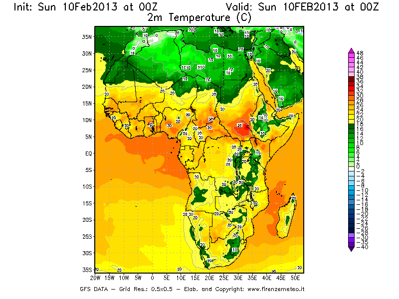 Mappa di analisi GFS - Temperatura a 2 metri dal suolo [°C] in Africa
							del 10/02/2013 00 <!--googleoff: index-->UTC<!--googleon: index-->