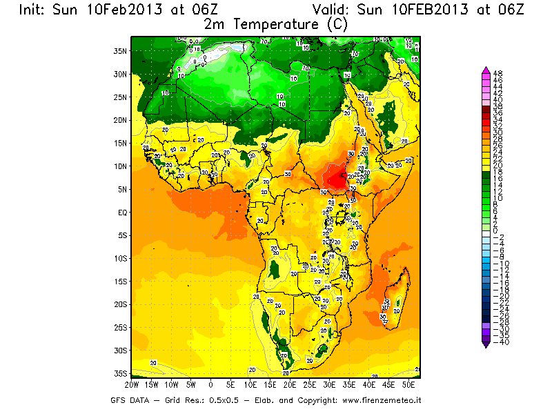Mappa di analisi GFS - Temperatura a 2 metri dal suolo [°C] in Africa
							del 10/02/2013 06 <!--googleoff: index-->UTC<!--googleon: index-->