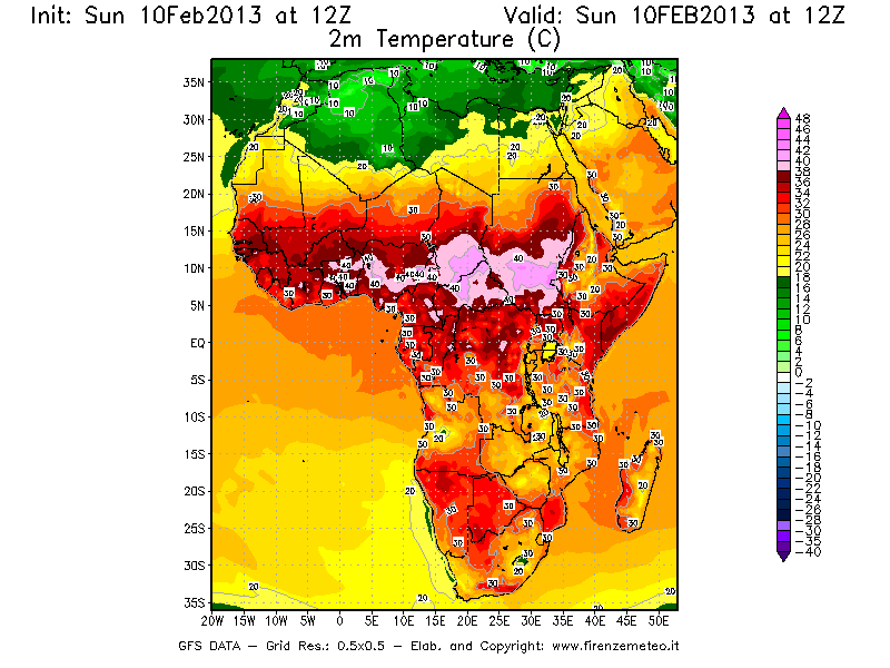 Mappa di analisi GFS - Temperatura a 2 metri dal suolo [°C] in Africa
							del 10/02/2013 12 <!--googleoff: index-->UTC<!--googleon: index-->