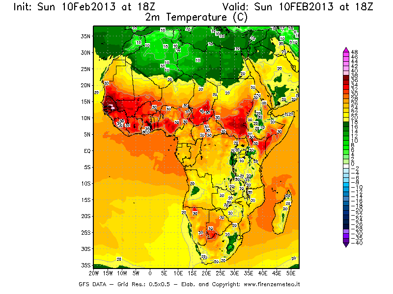 Mappa di analisi GFS - Temperatura a 2 metri dal suolo [°C] in Africa
							del 10/02/2013 18 <!--googleoff: index-->UTC<!--googleon: index-->