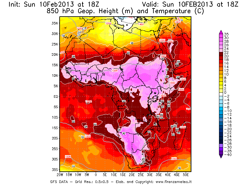 Mappa di analisi GFS - Geopotenziale [m] e Temperatura [°C] a 850 hPa in Africa
							del 10/02/2013 18 <!--googleoff: index-->UTC<!--googleon: index-->