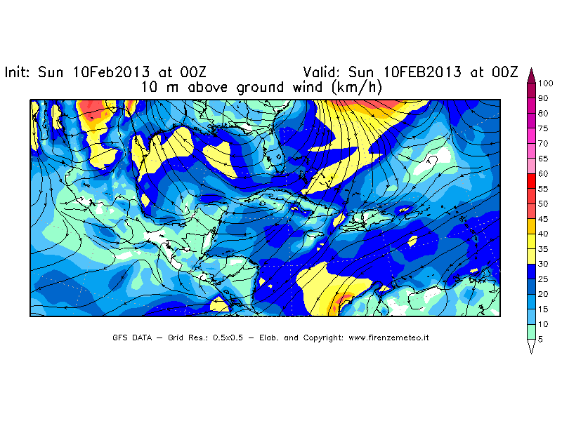 Mappa di analisi GFS - Velocità del vento a 10 metri dal suolo [km/h] in Centro-America
							del 10/02/2013 00 <!--googleoff: index-->UTC<!--googleon: index-->