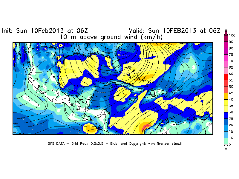 Mappa di analisi GFS - Velocità del vento a 10 metri dal suolo [km/h] in Centro-America
							del 10/02/2013 06 <!--googleoff: index-->UTC<!--googleon: index-->