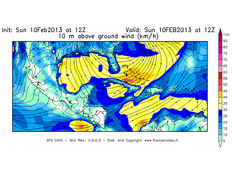 Mappa di analisi GFS - Velocità del vento a 10 metri dal suolo [km/h] in Centro-America
							del 10/02/2013 12 <!--googleoff: index-->UTC<!--googleon: index-->