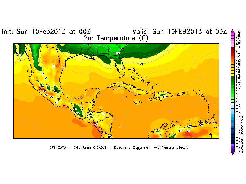 Mappa di analisi GFS - Temperatura a 2 metri dal suolo [°C] in Centro-America
							del 10/02/2013 00 <!--googleoff: index-->UTC<!--googleon: index-->