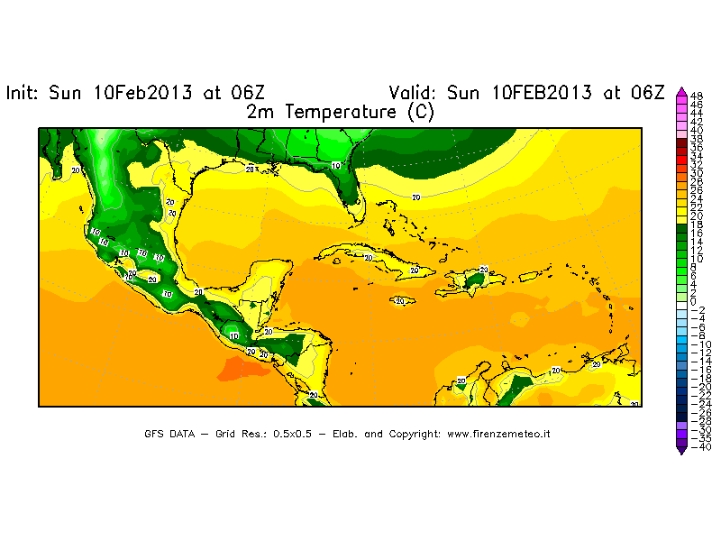 Mappa di analisi GFS - Temperatura a 2 metri dal suolo [°C] in Centro-America
							del 10/02/2013 06 <!--googleoff: index-->UTC<!--googleon: index-->
