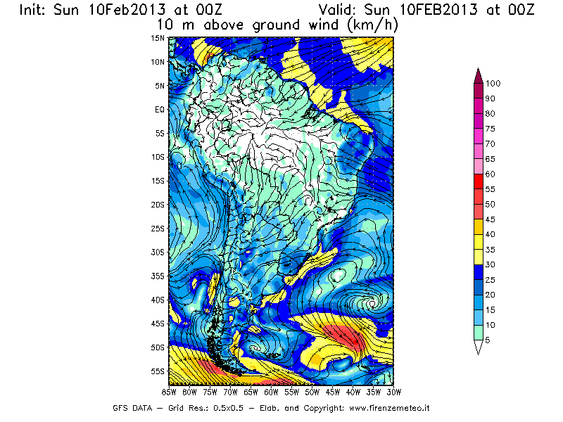 Mappa di analisi GFS - Velocità del vento a 10 metri dal suolo [km/h] in Sud-America
							del 10/02/2013 00 <!--googleoff: index-->UTC<!--googleon: index-->