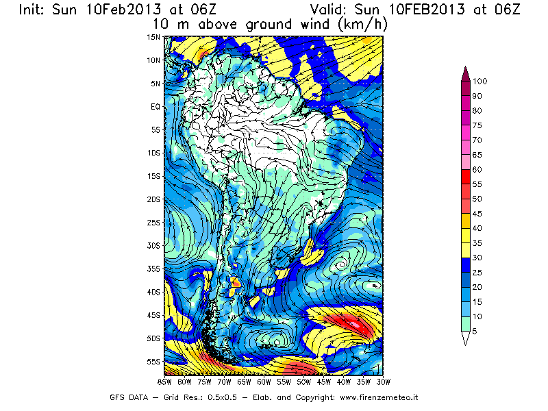 Mappa di analisi GFS - Velocità del vento a 10 metri dal suolo [km/h] in Sud-America
							del 10/02/2013 06 <!--googleoff: index-->UTC<!--googleon: index-->
