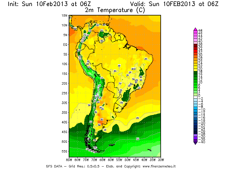 Mappa di analisi GFS - Temperatura a 2 metri dal suolo [°C] in Sud-America
							del 10/02/2013 06 <!--googleoff: index-->UTC<!--googleon: index-->