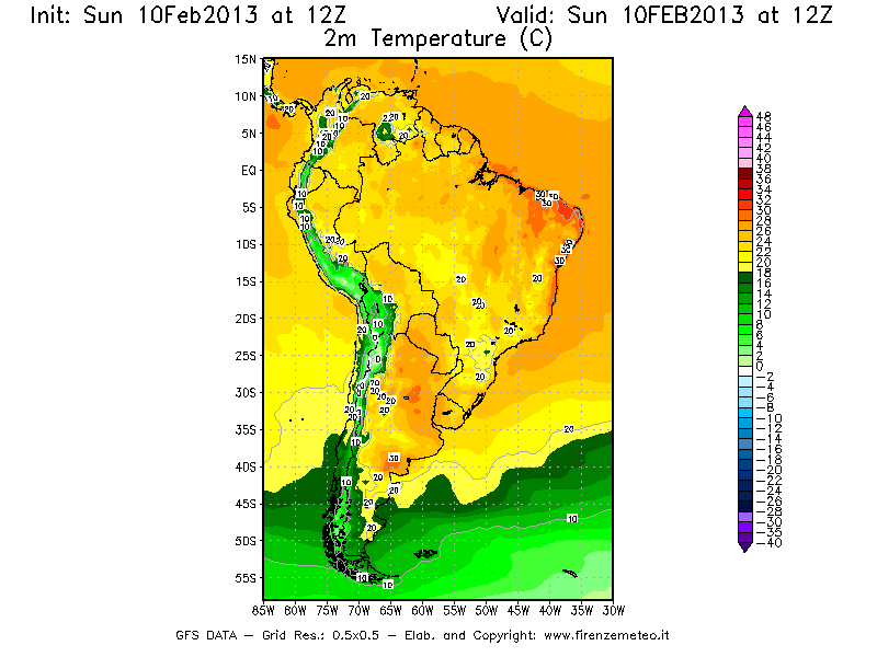 Mappa di analisi GFS - Temperatura a 2 metri dal suolo [°C] in Sud-America
							del 10/02/2013 12 <!--googleoff: index-->UTC<!--googleon: index-->
