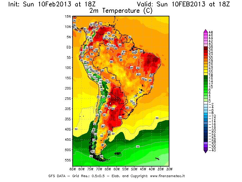 Mappa di analisi GFS - Temperatura a 2 metri dal suolo [°C] in Sud-America
							del 10/02/2013 18 <!--googleoff: index-->UTC<!--googleon: index-->