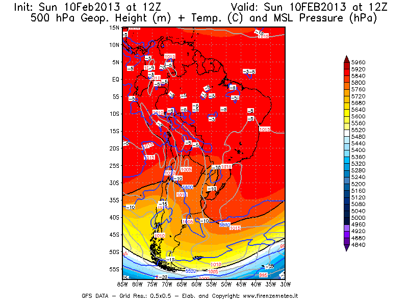 Mappa di analisi GFS - Geopotenziale [m] + Temp. [°C] a 500 hPa + Press. a livello del mare [hPa] in Sud-America
							del 10/02/2013 12 <!--googleoff: index-->UTC<!--googleon: index-->