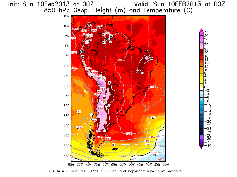 Mappa di analisi GFS - Geopotenziale [m] e Temperatura [°C] a 850 hPa in Sud-America
							del 10/02/2013 00 <!--googleoff: index-->UTC<!--googleon: index-->