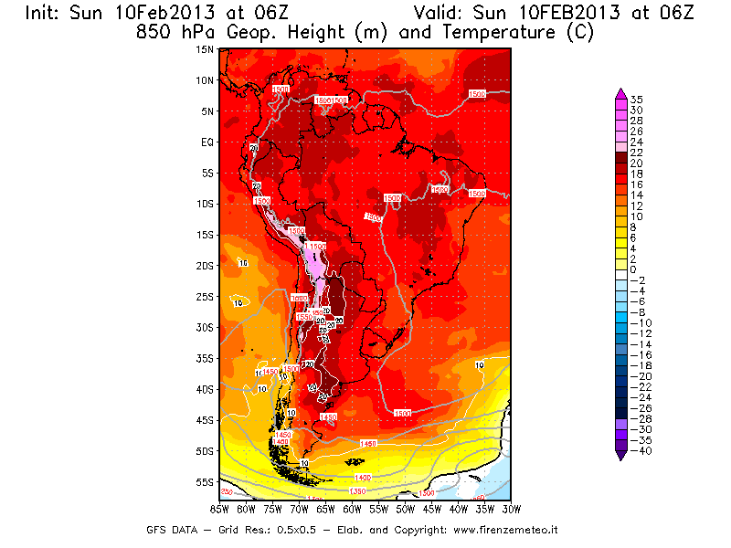 Mappa di analisi GFS - Geopotenziale [m] e Temperatura [°C] a 850 hPa in Sud-America
							del 10/02/2013 06 <!--googleoff: index-->UTC<!--googleon: index-->
