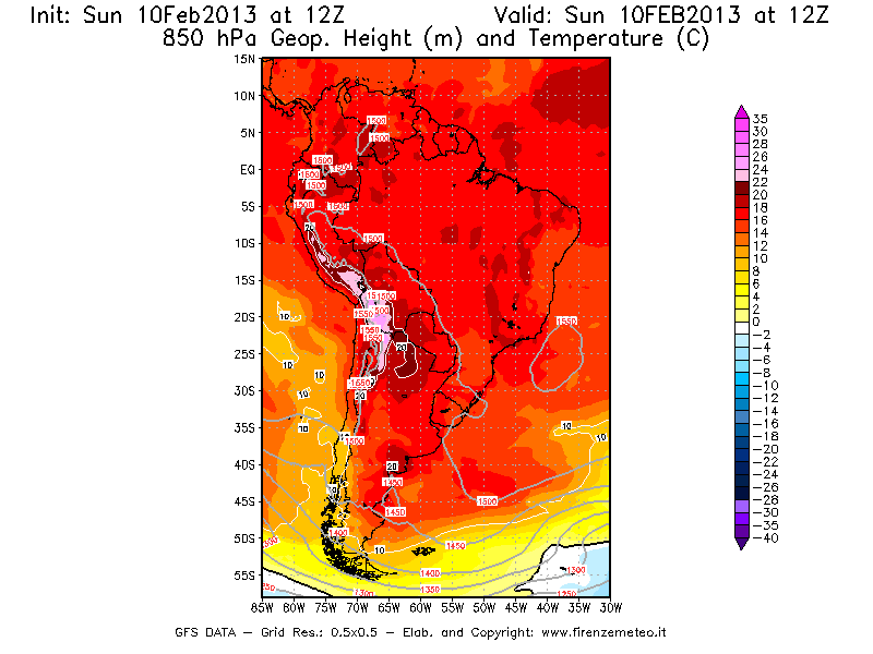 Mappa di analisi GFS - Geopotenziale [m] e Temperatura [°C] a 850 hPa in Sud-America
							del 10/02/2013 12 <!--googleoff: index-->UTC<!--googleon: index-->