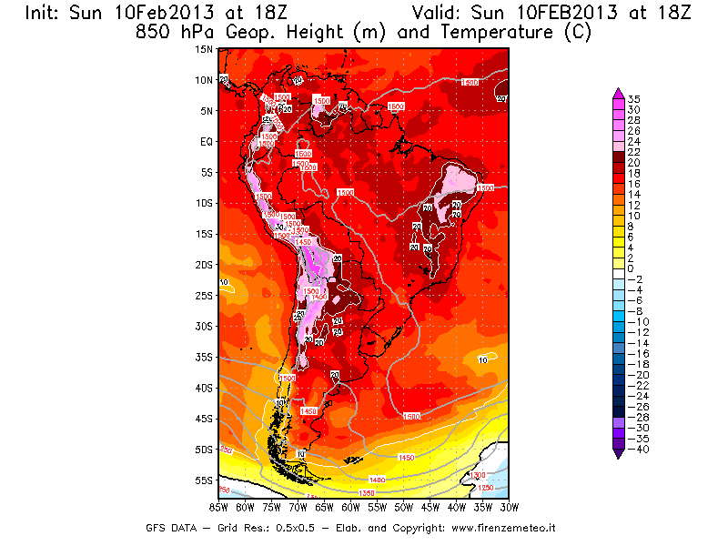 Mappa di analisi GFS - Geopotenziale [m] e Temperatura [°C] a 850 hPa in Sud-America
							del 10/02/2013 18 <!--googleoff: index-->UTC<!--googleon: index-->
