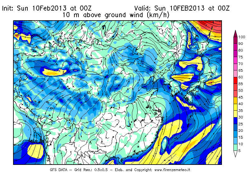 Mappa di analisi GFS - Velocità del vento a 10 metri dal suolo [km/h] in Asia Orientale
							del 10/02/2013 00 <!--googleoff: index-->UTC<!--googleon: index-->