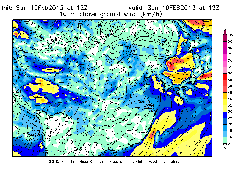 Mappa di analisi GFS - Velocità del vento a 10 metri dal suolo [km/h] in Asia Orientale
							del 10/02/2013 12 <!--googleoff: index-->UTC<!--googleon: index-->