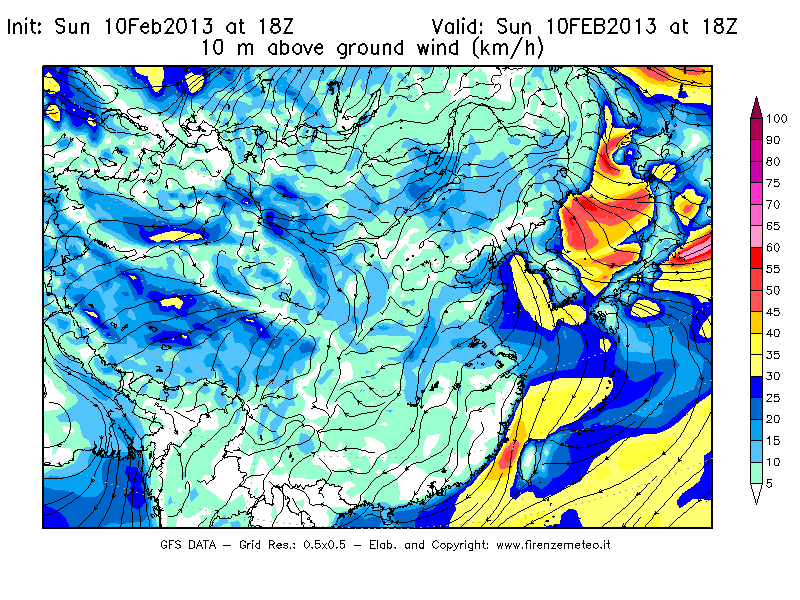 Mappa di analisi GFS - Velocità del vento a 10 metri dal suolo [km/h] in Asia Orientale
							del 10/02/2013 18 <!--googleoff: index-->UTC<!--googleon: index-->