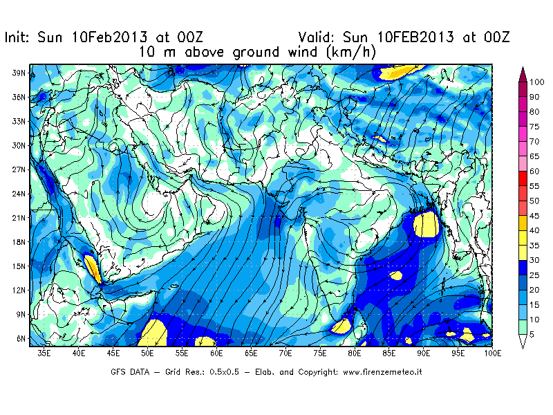 Mappa di analisi GFS - Velocità del vento a 10 metri dal suolo [km/h] in Asia Sud-Occidentale
							del 10/02/2013 00 <!--googleoff: index-->UTC<!--googleon: index-->