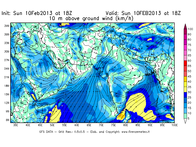 Mappa di analisi GFS - Velocità del vento a 10 metri dal suolo [km/h] in Asia Sud-Occidentale
							del 10/02/2013 18 <!--googleoff: index-->UTC<!--googleon: index-->
