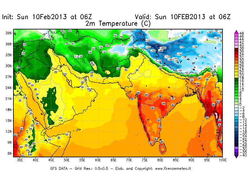 Mappa di analisi GFS - Temperatura a 2 metri dal suolo [°C] in Asia Sud-Occidentale
							del 10/02/2013 06 <!--googleoff: index-->UTC<!--googleon: index-->