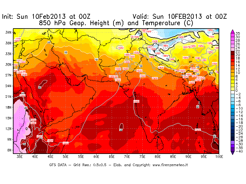 Mappa di analisi GFS - Geopotenziale [m] e Temperatura [°C] a 850 hPa in Asia Sud-Occidentale
							del 10/02/2013 00 <!--googleoff: index-->UTC<!--googleon: index-->