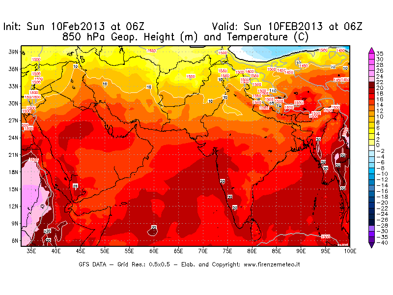 Mappa di analisi GFS - Geopotenziale [m] e Temperatura [°C] a 850 hPa in Asia Sud-Occidentale
							del 10/02/2013 06 <!--googleoff: index-->UTC<!--googleon: index-->