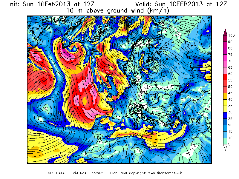 Mappa di analisi GFS - Velocità del vento a 10 metri dal suolo [km/h] in Europa
							del 10/02/2013 12 <!--googleoff: index-->UTC<!--googleon: index-->