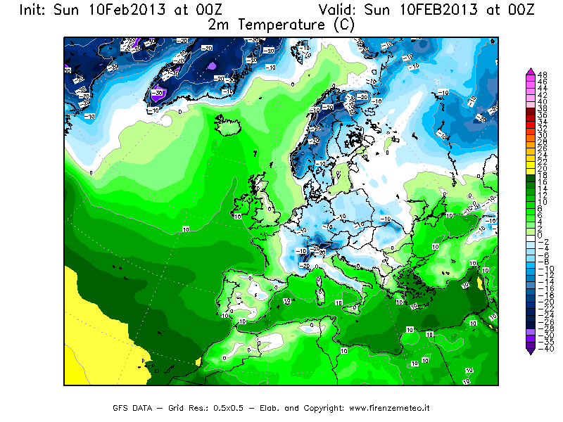 Mappa di analisi GFS - Temperatura a 2 metri dal suolo [°C] in Europa
							del 10/02/2013 00 <!--googleoff: index-->UTC<!--googleon: index-->