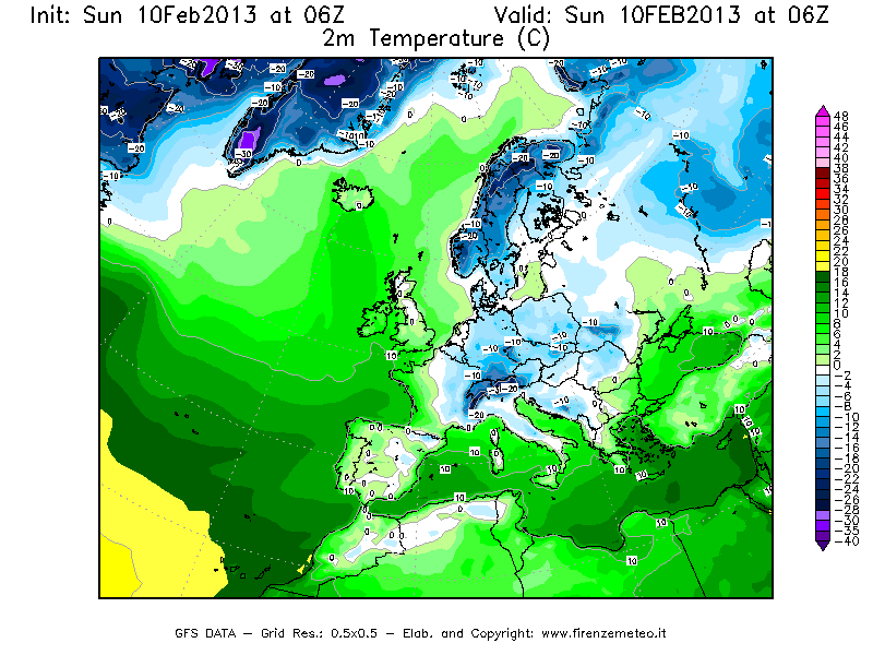 Mappa di analisi GFS - Temperatura a 2 metri dal suolo [°C] in Europa
							del 10/02/2013 06 <!--googleoff: index-->UTC<!--googleon: index-->