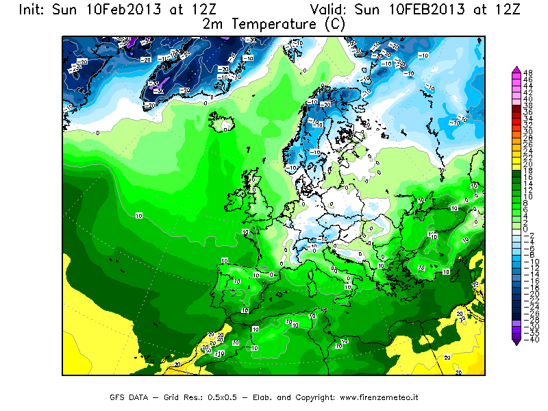Mappa di analisi GFS - Temperatura a 2 metri dal suolo [°C] in Europa
							del 10/02/2013 12 <!--googleoff: index-->UTC<!--googleon: index-->