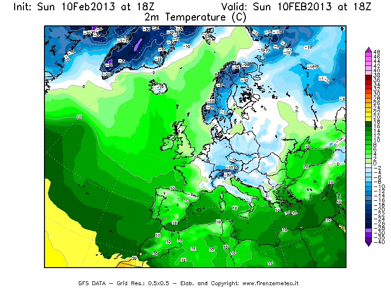 Mappa di analisi GFS - Temperatura a 2 metri dal suolo [°C] in Europa
							del 10/02/2013 18 <!--googleoff: index-->UTC<!--googleon: index-->