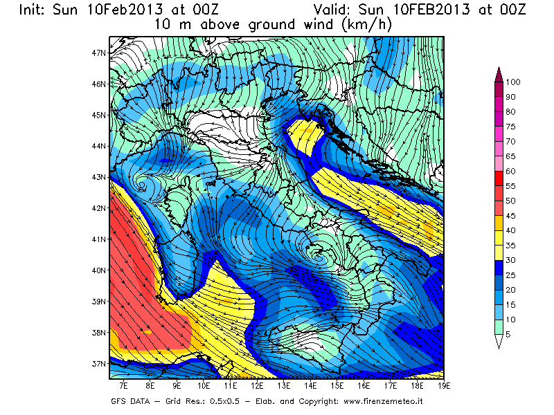 Mappa di analisi GFS - Velocità del vento a 10 metri dal suolo [km/h] in Italia
							del 10/02/2013 00 <!--googleoff: index-->UTC<!--googleon: index-->