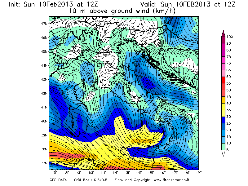 Mappa di analisi GFS - Velocità del vento a 10 metri dal suolo [km/h] in Italia
							del 10/02/2013 12 <!--googleoff: index-->UTC<!--googleon: index-->