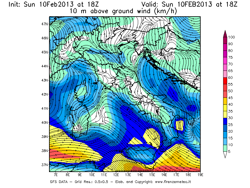 Mappa di analisi GFS - Velocità del vento a 10 metri dal suolo [km/h] in Italia
							del 10/02/2013 18 <!--googleoff: index-->UTC<!--googleon: index-->