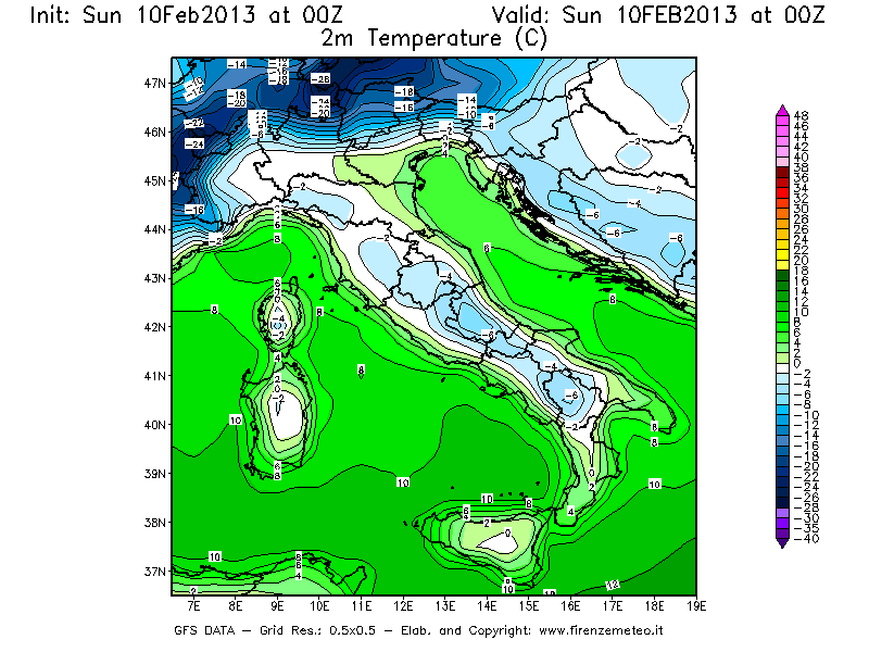 Mappa di analisi GFS - Temperatura a 2 metri dal suolo [°C] in Italia
							del 10/02/2013 00 <!--googleoff: index-->UTC<!--googleon: index-->